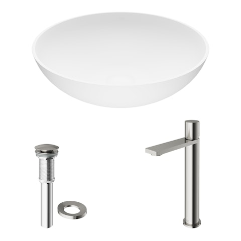 Matte Stone Lotus Composite Round Vessel Bathroom Sink in White with Gotham Faucet and Pop-Up Drain - image 11 - other