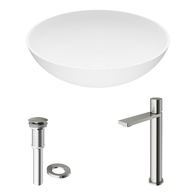 Matte Stone Lotus Composite Round Vessel Bathroom Sink in White with Gotham Faucet and Pop-Up Drain - image 11 - other