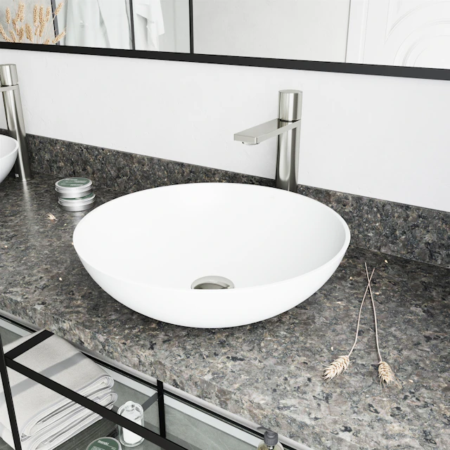 Matte Stone Lotus Composite Round Vessel Bathroom Sink in White with Gotham Faucet and Pop-Up Drain - angle 3 - other
