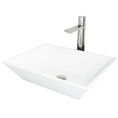 Matte Stone Vinca Composite Rectangular Vessel Bathroom Sink in White with Faucet and Pop-Up Drain