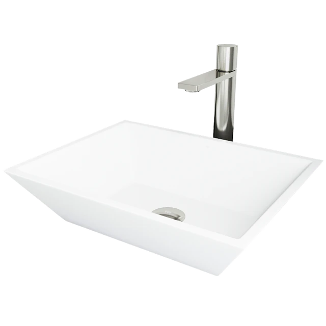 Matte Stone Vinca Composite Rectangular Vessel Bathroom Sink in White with Faucet and Pop-Up Drain - angle 1 - other