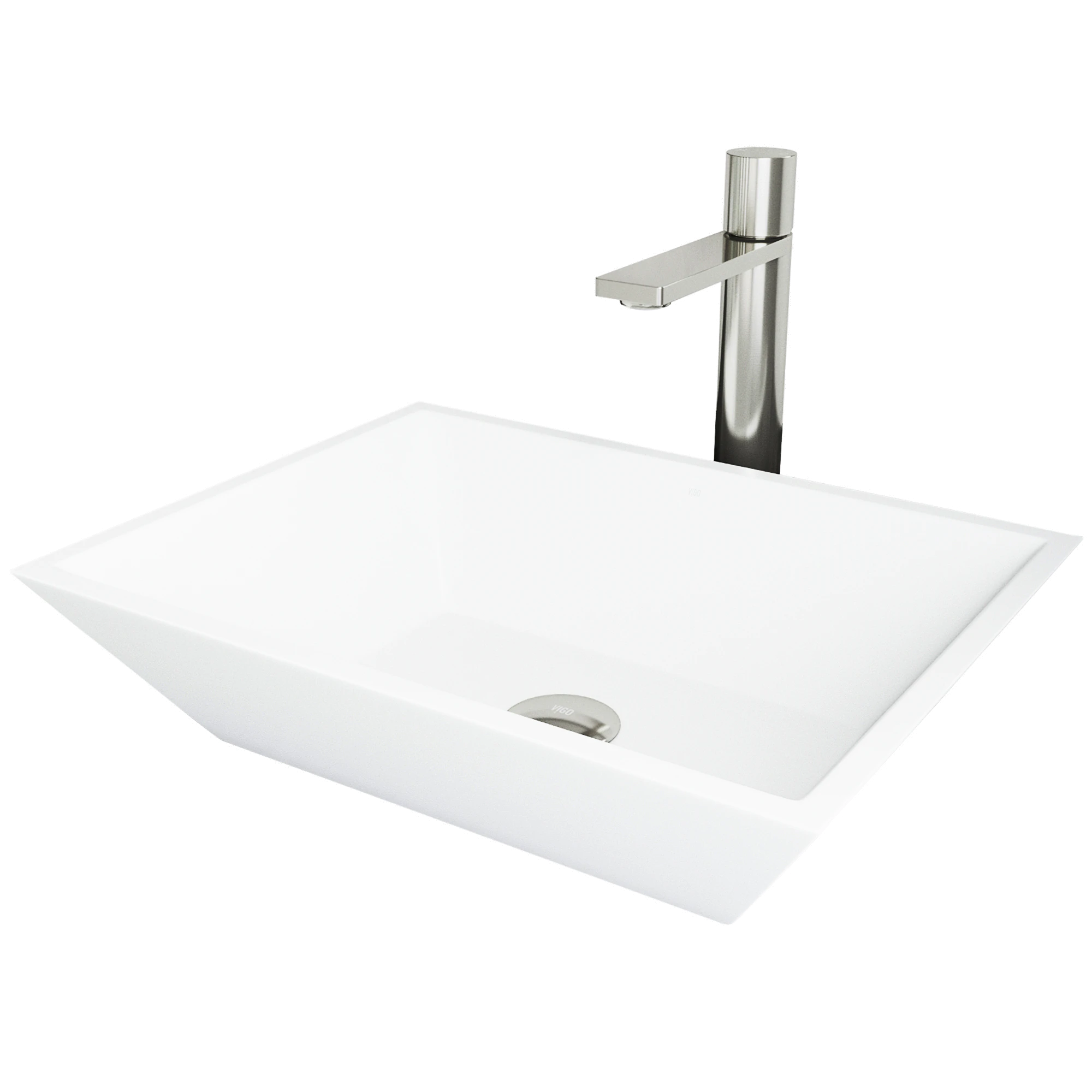 Matte Stone Vinca Composite Rectangular Vessel Bathroom Sink in White with Faucet and Pop-Up Drain