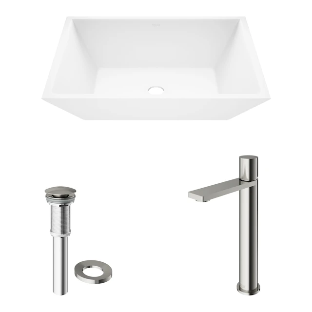 Matte Stone Vinca Composite Rectangular Vessel Bathroom Sink in White with Faucet and Pop-Up Drain - angle 13 - other