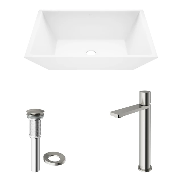 Matte Stone Vinca Composite Rectangular Vessel Bathroom Sink in White with Faucet and Pop-Up Drain - image 13 - other