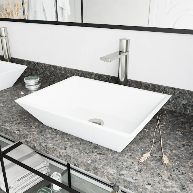 Matte Stone Vinca Composite Rectangular Vessel Bathroom Sink in White with Faucet and Pop-Up Drain - angle 3 - other