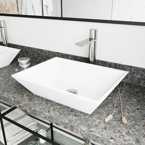 Matte Stone Vinca Composite Rectangular Vessel Bathroom Sink in White with Faucet and Pop-Up Drain - image 3 - other