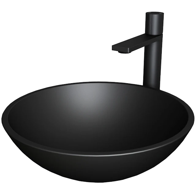 Matte Shell Cavalli Glass Round Vessel Bathroom Sink in Black with Gotham Faucet and Pop-Up Drain - angle 1 - other