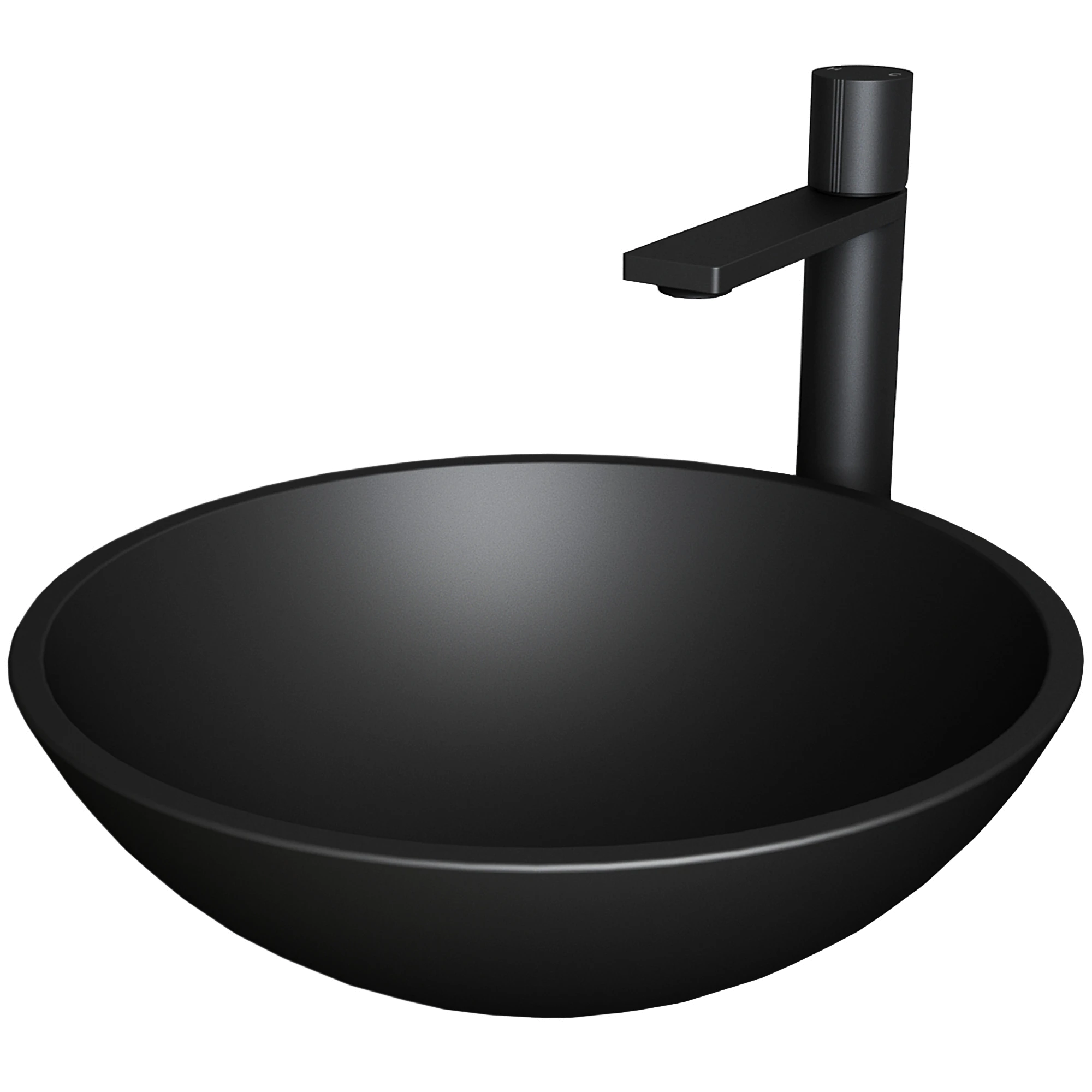 Matte Shell Cavalli Glass Round Vessel Bathroom Sink in Black with Gotham Faucet and Pop-Up Drain