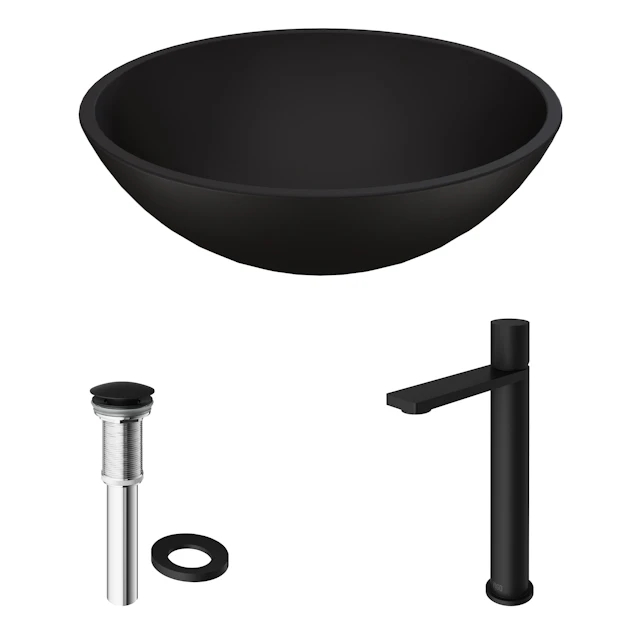 Matte Shell Cavalli Glass Round Vessel Bathroom Sink in Black with Gotham Faucet and Pop-Up Drain - angle 11 - other