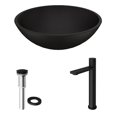 Matte Shell Cavalli Glass Round Vessel Bathroom Sink in Black with Gotham Faucet and Pop-Up Drain - image 11 - other