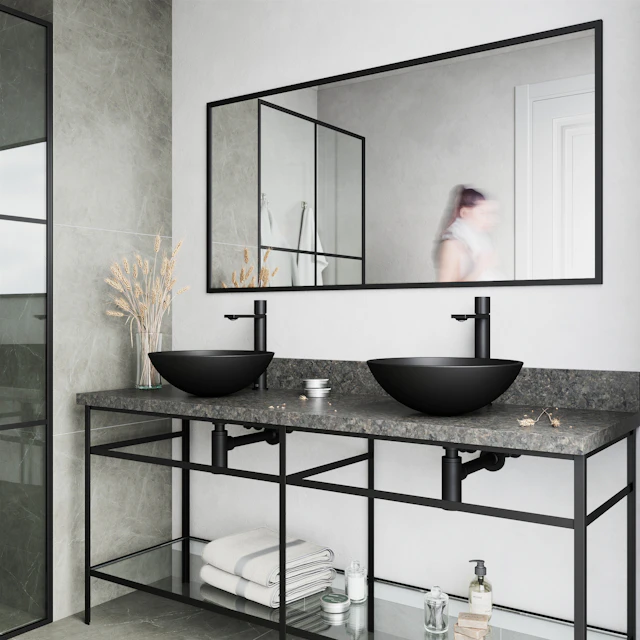 Matte Shell Cavalli Glass Round Vessel Bathroom Sink in Black with Gotham Faucet and Pop-Up Drain - angle 2 - other