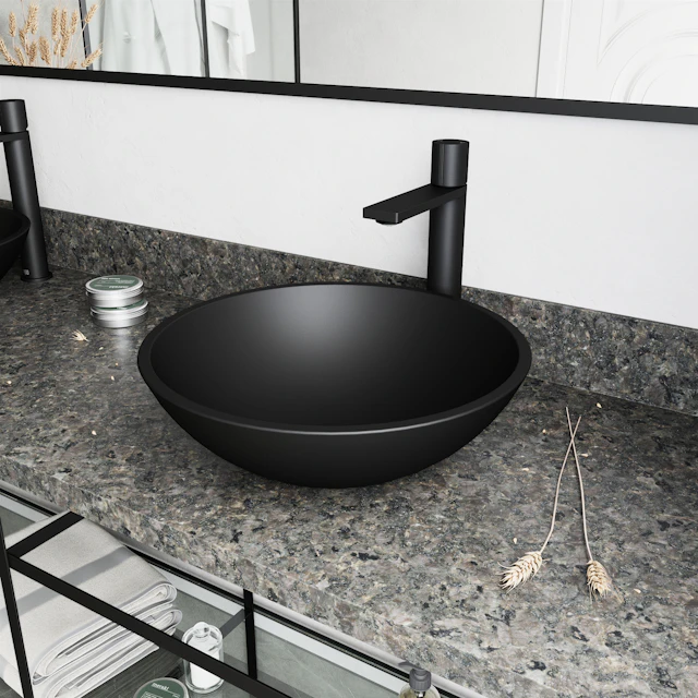 Matte Shell Cavalli Glass Round Vessel Bathroom Sink in Black with Gotham Faucet and Pop-Up Drain - angle 3 - other