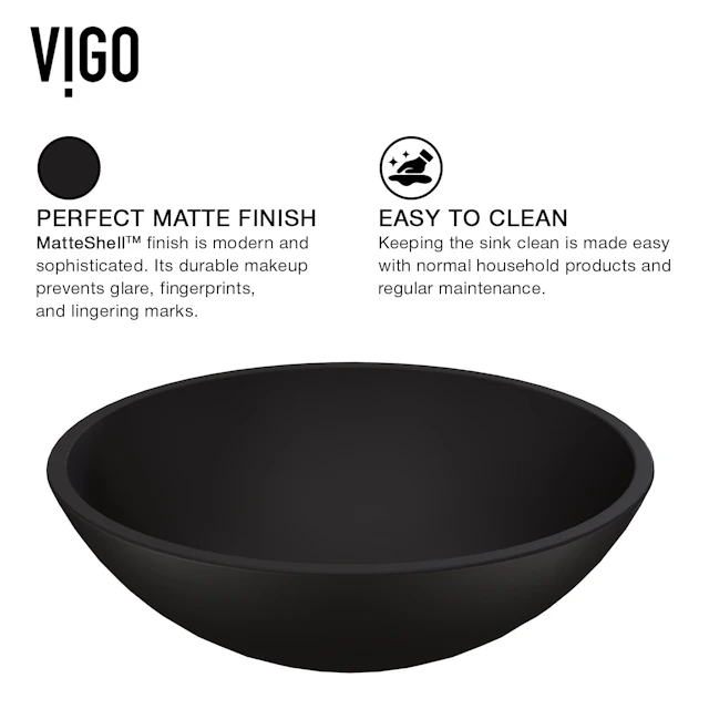 Matte Shell Cavalli Glass Round Vessel Bathroom Sink in Black with Gotham Faucet and Pop-Up Drain - angle 5 - other
