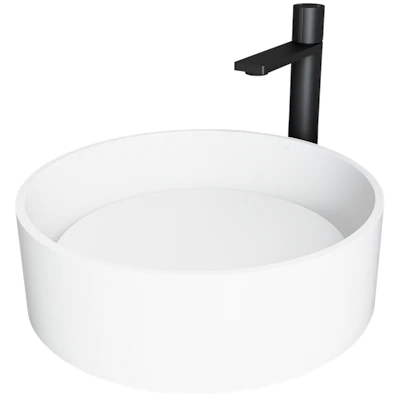 Matte Stone Anvil Composite Round Vessel Bathroom Sink in White with Gotham Faucet and Pop-Up Drain