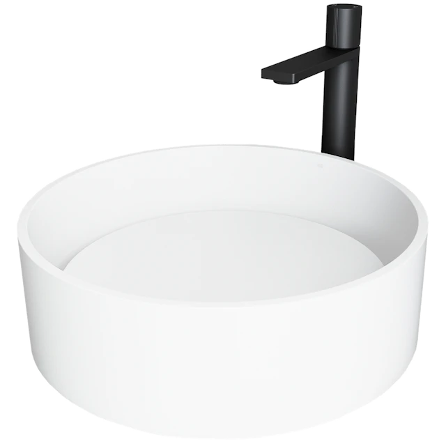 Matte Stone Anvil Composite Round Vessel Bathroom Sink in White with Gotham Faucet and Pop-Up Drain - angle 1 - other