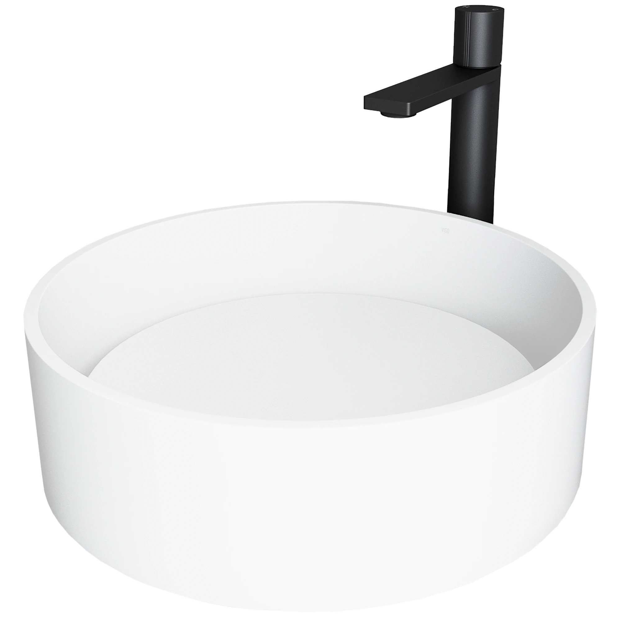 Matte Stone Anvil Composite Round Vessel Bathroom Sink in White with Gotham Faucet and Pop-Up Drain