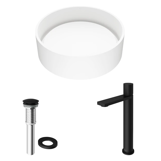 Matte Stone Anvil Composite Round Vessel Bathroom Sink in White with Gotham Faucet and Pop-Up Drain - angle 11 - other