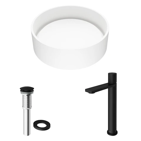 Matte Stone Anvil Composite Round Vessel Bathroom Sink in White with Gotham Faucet and Pop-Up Drain - image 11 - other