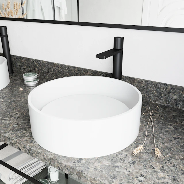 Matte Stone Anvil Composite Round Vessel Bathroom Sink in White with Gotham Faucet and Pop-Up Drain - angle 3 - other