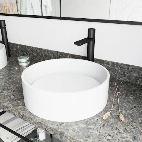 Matte Stone Anvil Composite Round Vessel Bathroom Sink in White with Gotham Faucet and Pop-Up Drain - image 3 - other