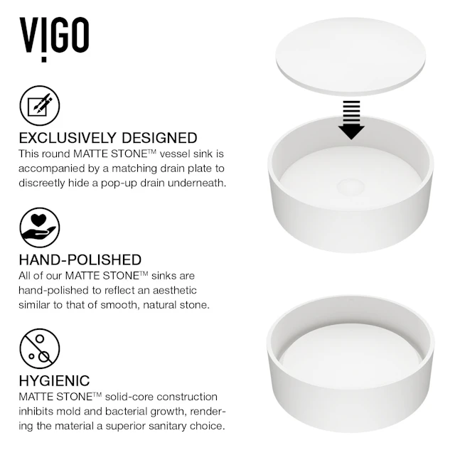 Matte Stone Anvil Composite Round Vessel Bathroom Sink in White with Gotham Faucet and Pop-Up Drain - angle 5 - other