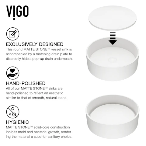 Matte Stone Anvil Composite Round Vessel Bathroom Sink in White with Gotham Faucet and Pop-Up Drain - image 5 - other