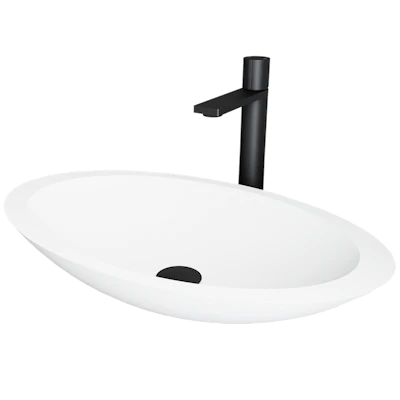 Matte Stone Wisteria Composite Oval Vessel Bathroom Sink in White with Gotham Faucet and Pop-Up Drain