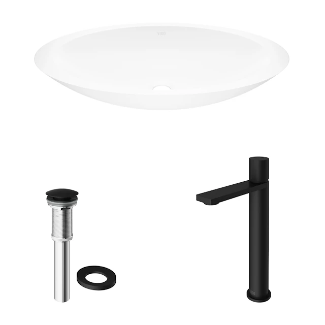 Matte Stone Wisteria Composite Oval Vessel Bathroom Sink in White with Gotham Faucet and Pop-Up Drain - angle 13 - other