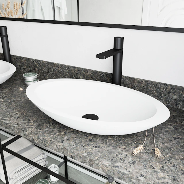 Matte Stone Wisteria Composite Oval Vessel Bathroom Sink in White with Gotham Faucet and Pop-Up Drain - angle 3 - other
