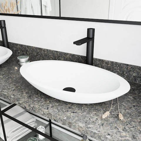 Matte Stone Wisteria Composite Oval Vessel Bathroom Sink in White with Gotham Faucet and Pop-Up Drain - image 3 - other