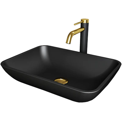 Matte Shell Sottile Glass Rectangular Vessel Bathroom Sink in Black with Lexington Faucet and Pop-Up Drain in Matte Gold