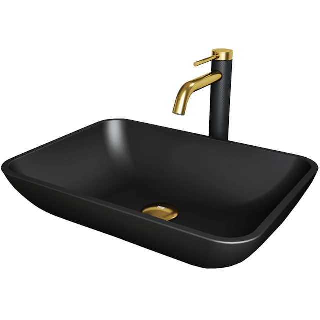 Matte Shell Sottile Glass Rectangular Vessel Bathroom Sink in Black with Lexington Faucet and Pop-Up Drain in Matte Gold - angle 1 - other