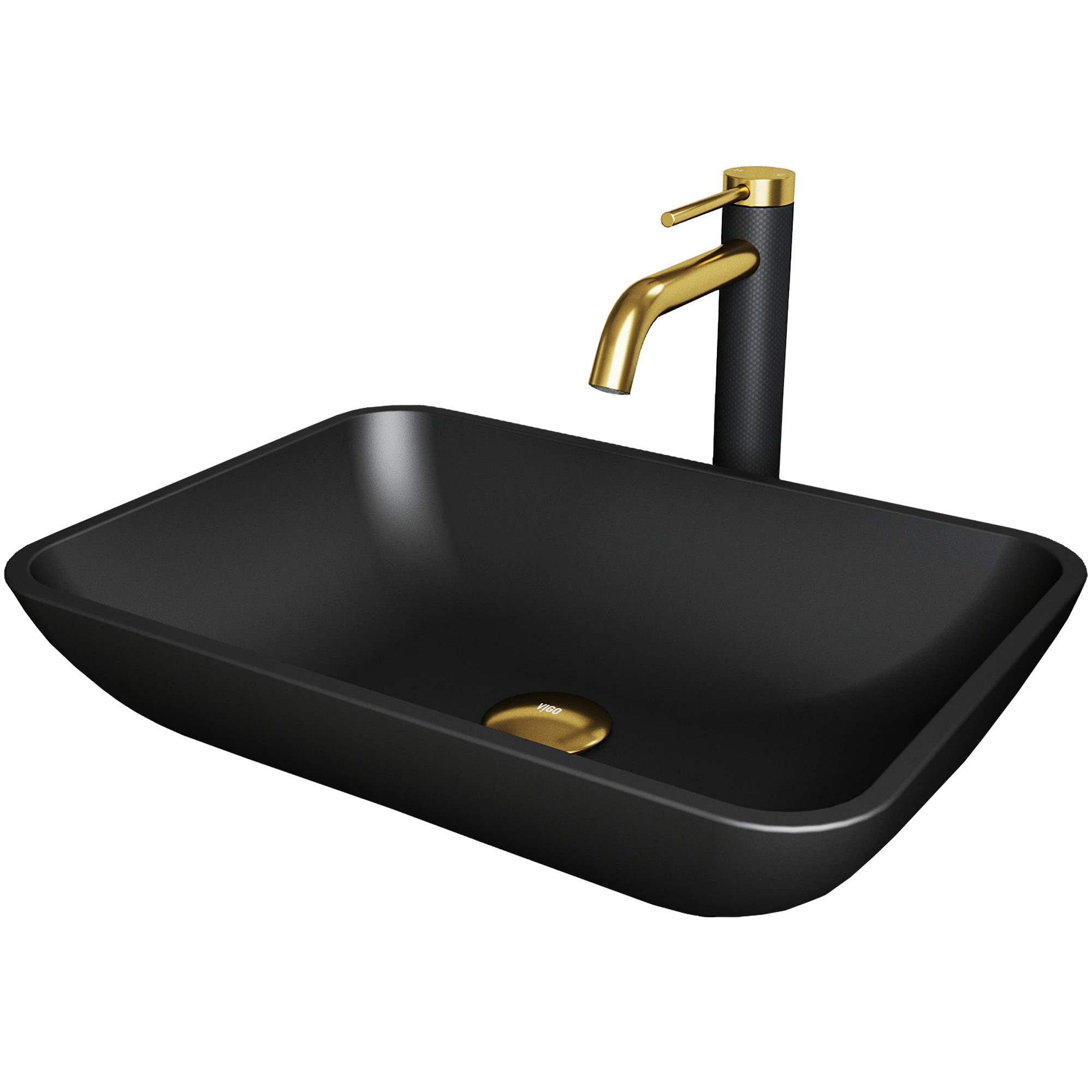 Matte Shell Sottile Glass Rectangular Vessel Bathroom Sink in Black with Lexington Faucet and Pop-Up Drain in Matte Gold