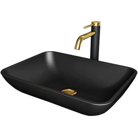 Matte Shell Sottile Glass Rectangular Vessel Bathroom Sink in Black with Lexington Faucet and Pop-Up Drain in Matte Gold - image 1 - other