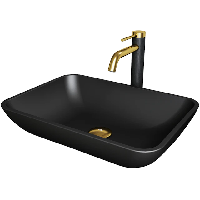 Matte Shell Sottile Glass Rectangular Vessel Bathroom Sink in Black with Lexington Faucet and Pop-Up Drain in Matte Gold - image 1 - other