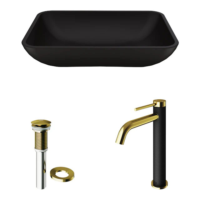 Matte Shell Sottile Glass Rectangular Vessel Bathroom Sink in Black with Lexington Faucet and Pop-Up Drain in Matte Gold - angle 11 - other