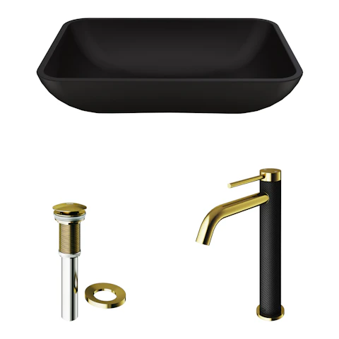 Matte Shell Sottile Glass Rectangular Vessel Bathroom Sink in Black with Lexington Faucet and Pop-Up Drain in Matte Gold - image 11 - other