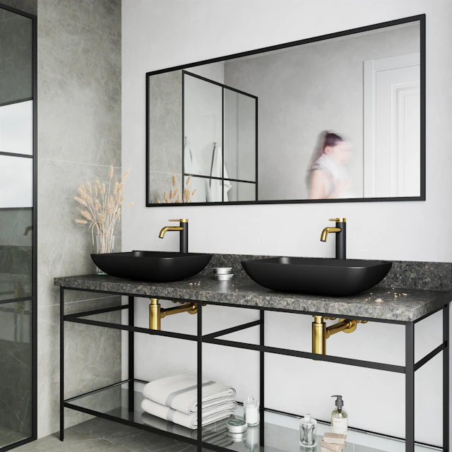 Matte Shell Sottile Glass Rectangular Vessel Bathroom Sink in Black with Lexington Faucet and Pop-Up Drain in Matte Gold - angle 2 - other