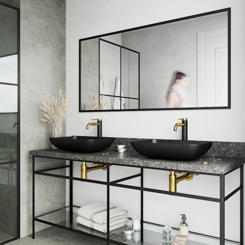 Matte Shell Sottile Glass Rectangular Vessel Bathroom Sink in Black with Lexington Faucet and Pop-Up Drain in Matte Gold - image 2 - other