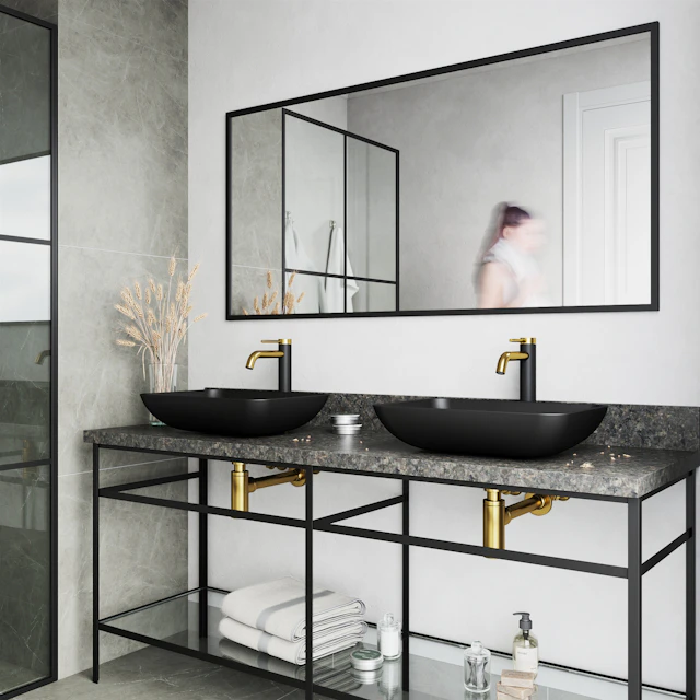 Matte Shell Sottile Glass Rectangular Vessel Bathroom Sink in Black with Lexington Faucet and Pop-Up Drain in Matte Gold - image 2 - other