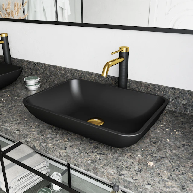 Matte Shell Sottile Glass Rectangular Vessel Bathroom Sink in Black with Lexington Faucet and Pop-Up Drain in Matte Gold - angle 3 - other