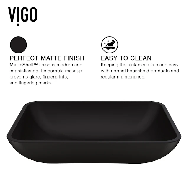 Matte Shell Sottile Glass Rectangular Vessel Bathroom Sink in Black with Lexington Faucet and Pop-Up Drain in Matte Gold - angle 5 - other