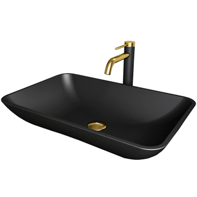 Matte Shell Hadyn Glass Rectangular Vessel Bathroom Sink in Black with Lexington Faucet and Pop-Up Drain in Matte Gold