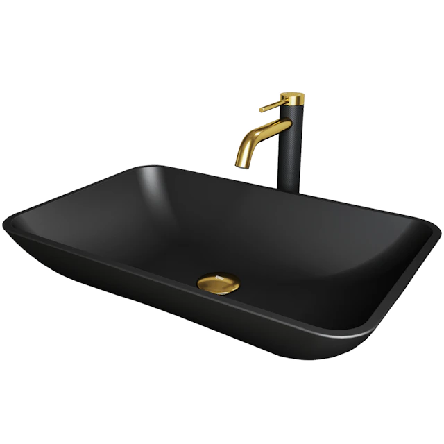 Matte Shell Hadyn Glass Rectangular Vessel Bathroom Sink in Black with Lexington Faucet and Pop-Up Drain in Matte Gold - angle 1 - other