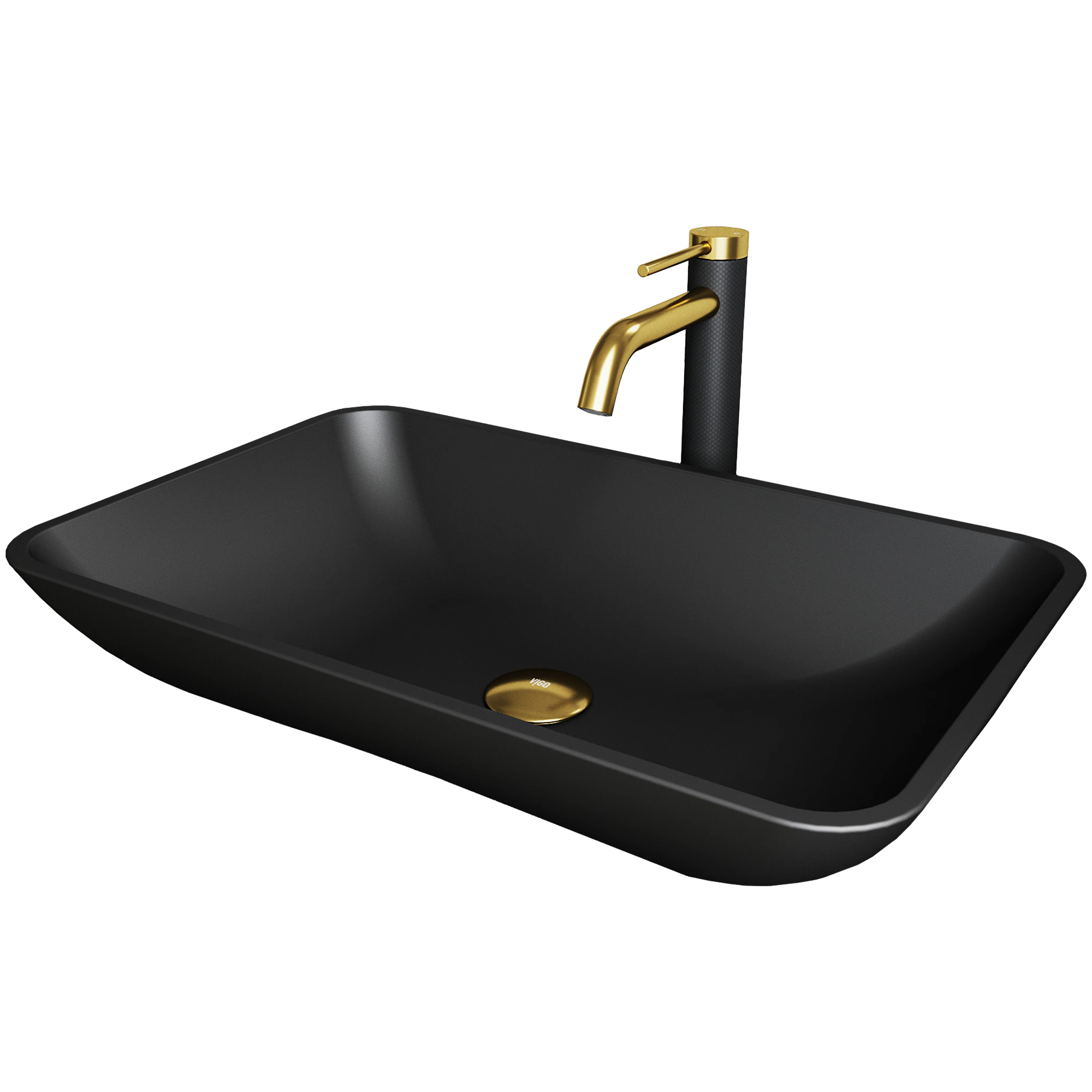 Matte Shell Hadyn Glass Rectangular Vessel Bathroom Sink in Black with Lexington Faucet and Pop-Up Drain in Matte Gold