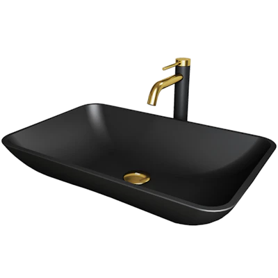 Matte Shell Hadyn Glass Rectangular Vessel Bathroom Sink in Black with Lexington Faucet and Pop-Up Drain in Matte Gold