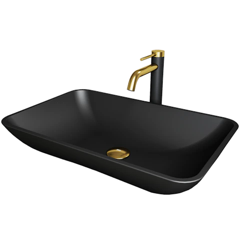 Matte Shell Hadyn Glass Rectangular Vessel Bathroom Sink in Black with Lexington Faucet and Pop-Up Drain in Matte Gold - image 1 - other