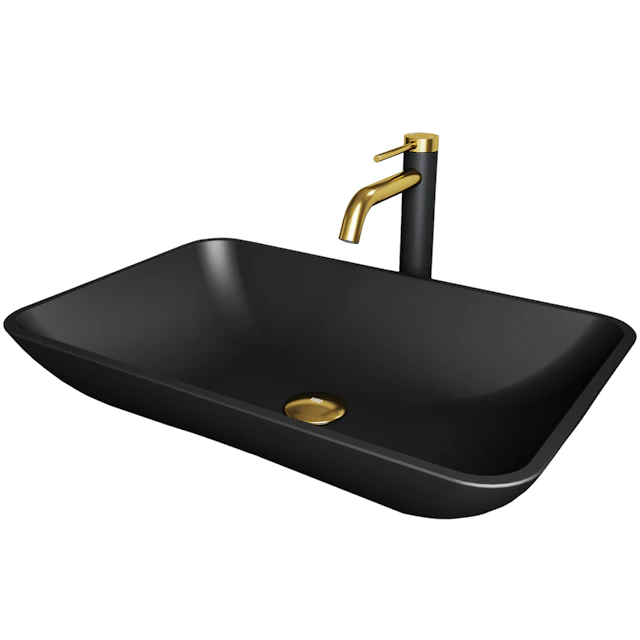 Matte Shell Hadyn Glass Rectangular Vessel Bathroom Sink in Black with Lexington Faucet and Pop-Up Drain in Matte Gold - image 1 - other