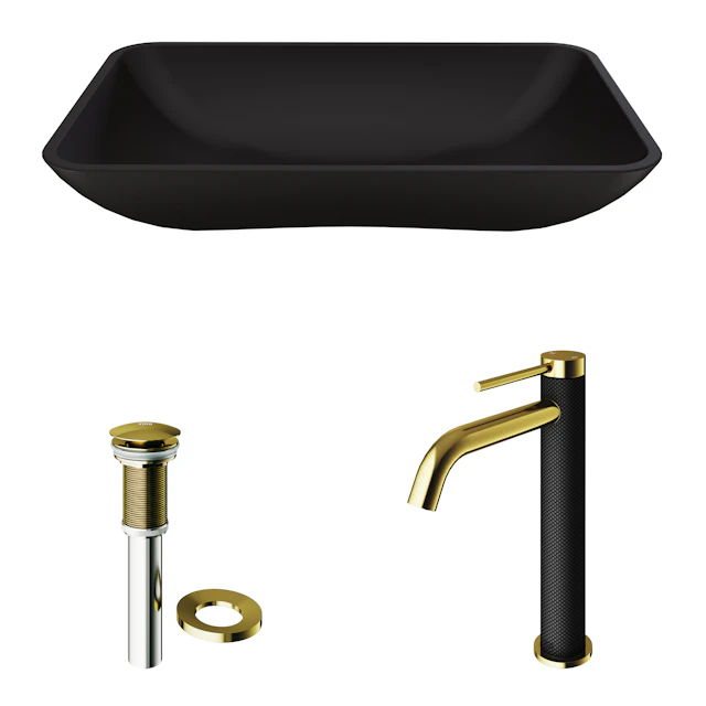 Matte Shell Hadyn Glass Rectangular Vessel Bathroom Sink in Black with Lexington Faucet and Pop-Up Drain in Matte Gold - angle 11 - other