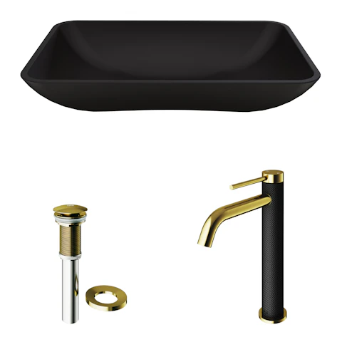 Matte Shell Hadyn Glass Rectangular Vessel Bathroom Sink in Black with Lexington Faucet and Pop-Up Drain in Matte Gold - image 11 - other